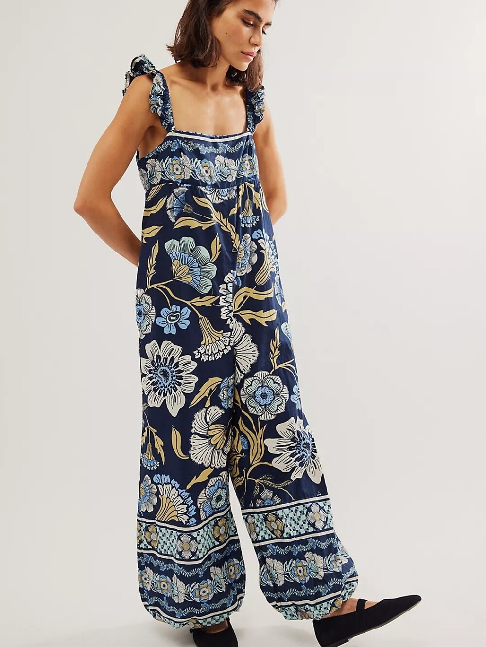 Free People Bali Albright Jumpsuit Blue Floral Combo Size Medium